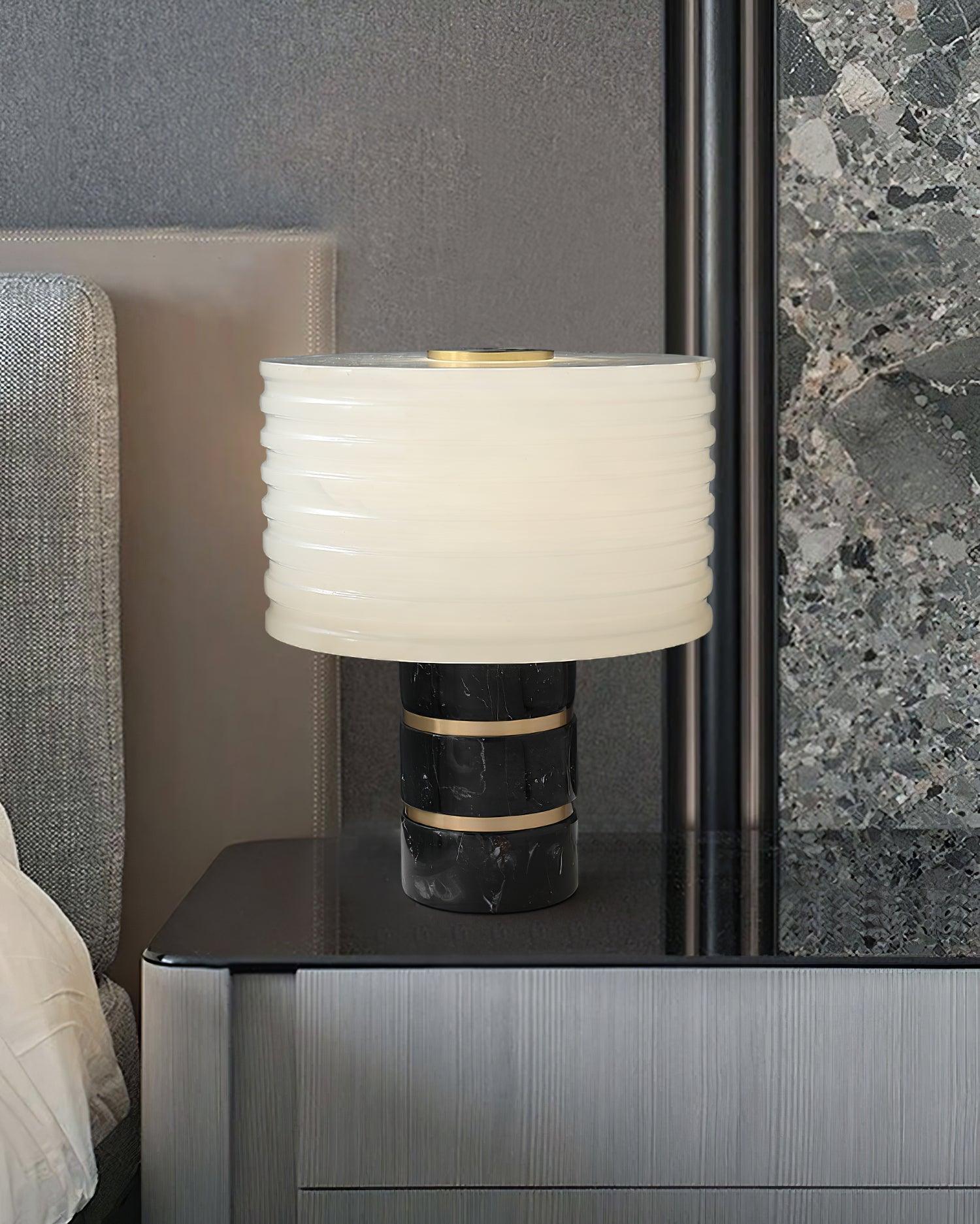 Modern Brass and Marble Table Lamp with Hand Cut Alabaster Stone Shade Elegant Desk Lighting