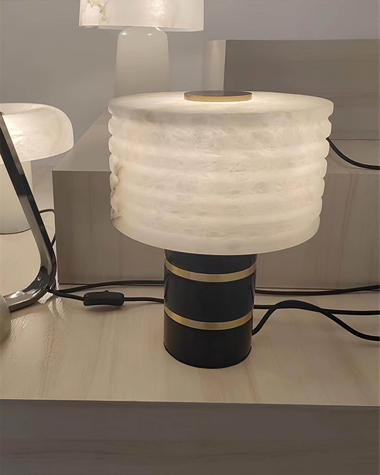Modern Brass and Marble Table Lamp with Hand Cut Alabaster Stone Shade Elegant Desk Lighting