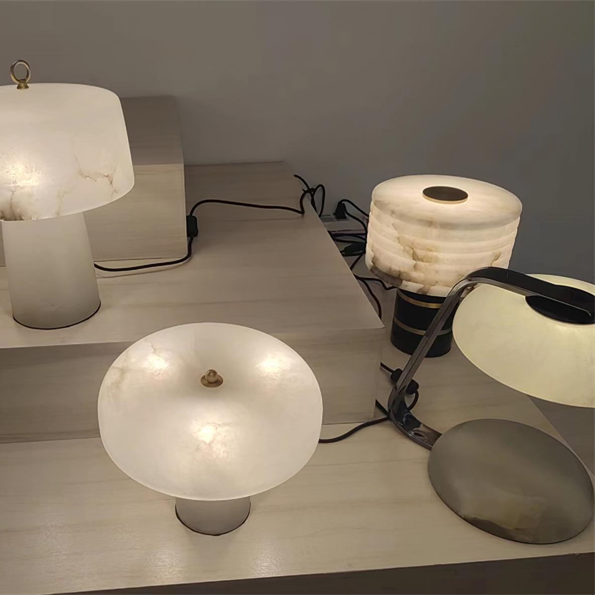 Modern Brass and Marble Table Lamp with Hand Cut Alabaster Stone Shade Elegant Desk Lighting