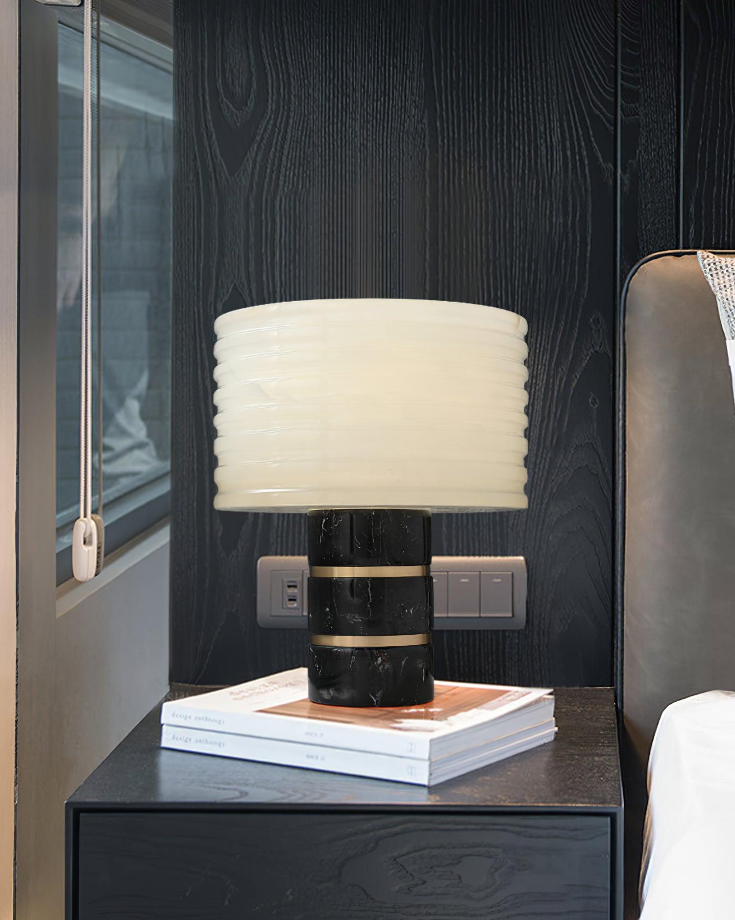 Modern Brass and Marble Table Lamp with Hand Cut Alabaster Stone Shade Elegant Desk Lighting
