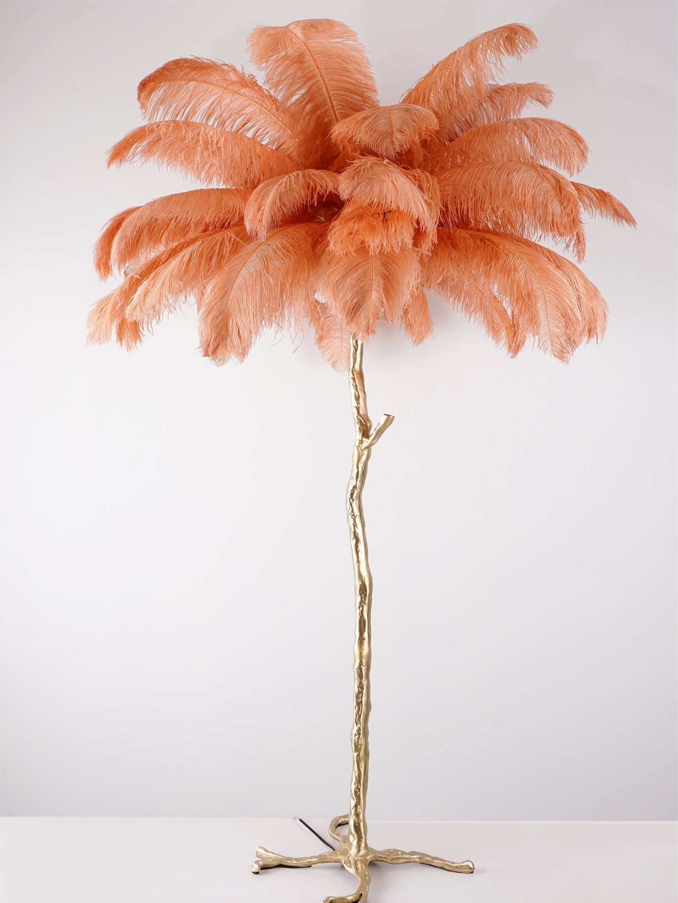 Luxurious Ostrich Feather Floor Lamp with Polished Brass Base Elegant Gold Standing Light for Living Room