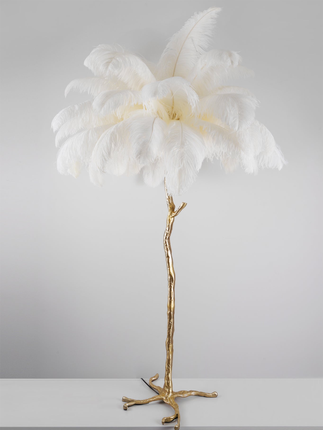Luxurious Ostrich Feather Floor Lamp with Polished Brass Base Elegant Gold Standing Light for Living Room