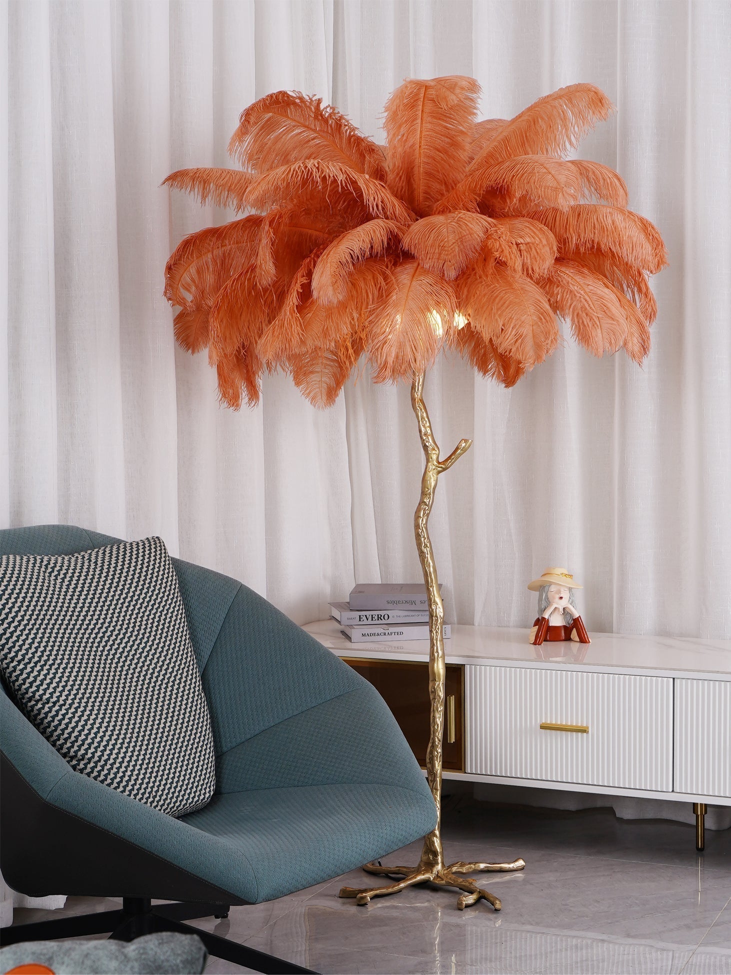 Luxurious Ostrich Feather Floor Lamp with Polished Brass Base Elegant Gold Standing Light for Living Room