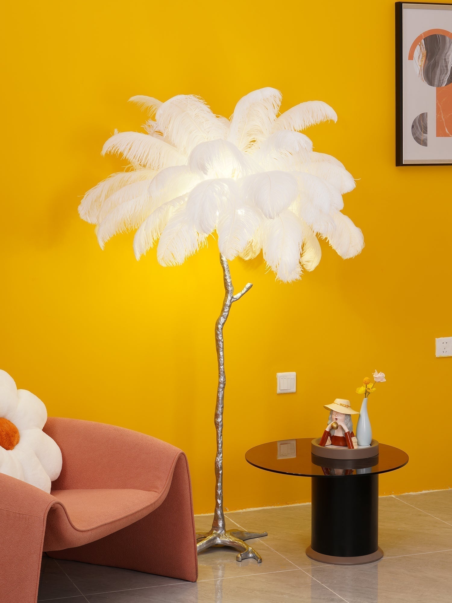 Luxurious Ostrich Feather Floor Lamp with Polished Brass Base Elegant Gold Standing Light for Living Room