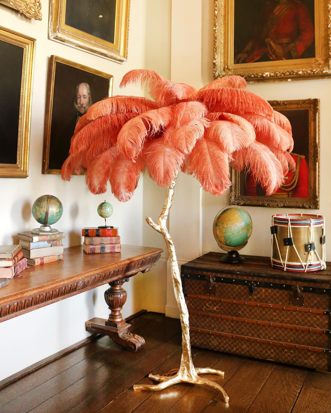 Luxurious Ostrich Feather Floor Lamp with Polished Brass Base Elegant Gold Standing Light for Living Room