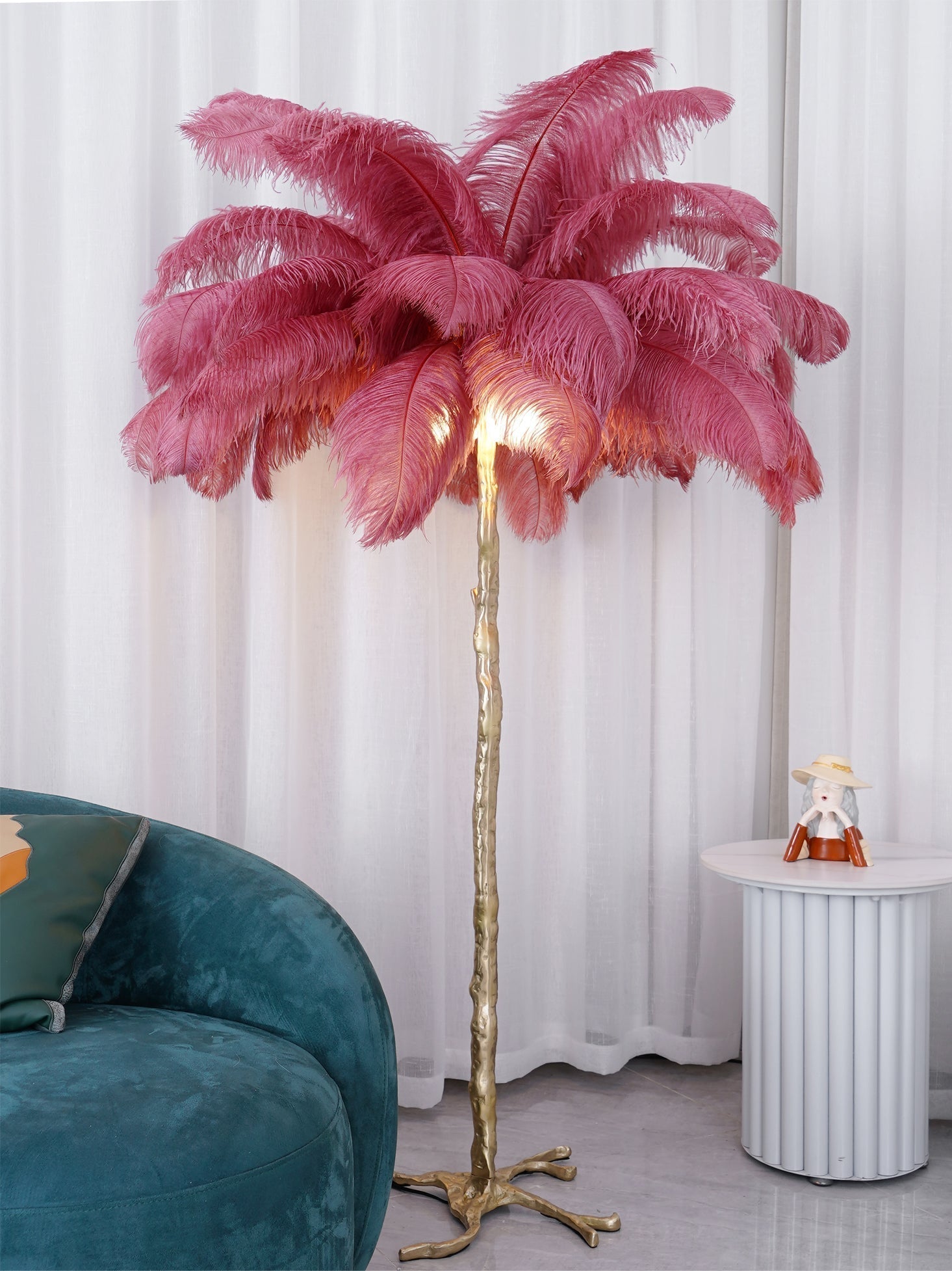 Luxurious Ostrich Feather Floor Lamp with Polished Brass Base Elegant Gold Standing Light for Living Room