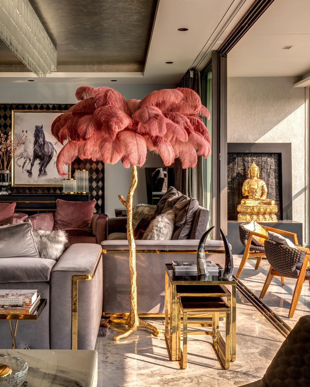 Luxurious Ostrich Feather Floor Lamp with Polished Brass Base Elegant Gold Standing Light for Living Room