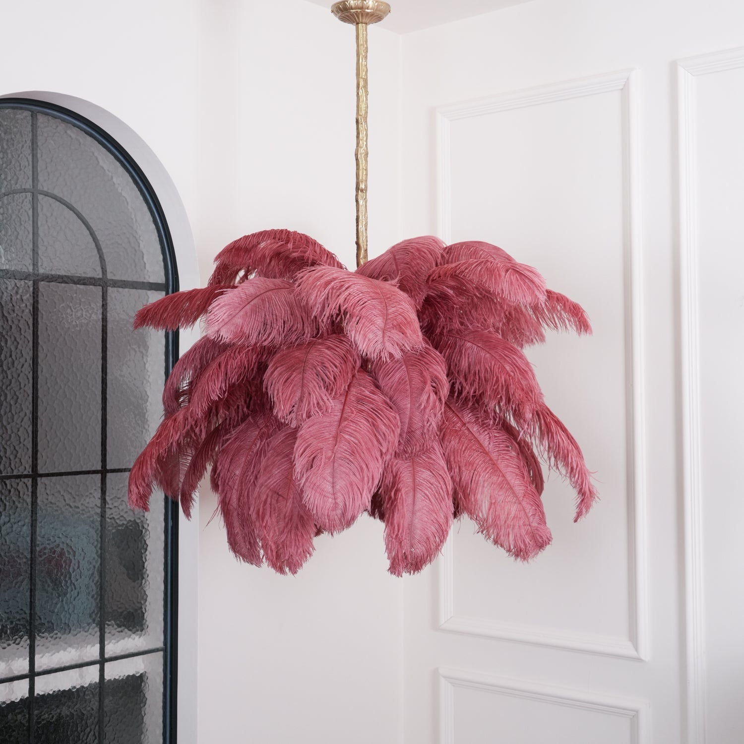 Natural Ostrich Feather Gasolier Chandelier with Polished Brass Frame for Luxury Interiors