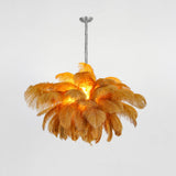 Natural Ostrich Feather Gasolier Chandelier with Polished Brass Frame for Luxury Interiors