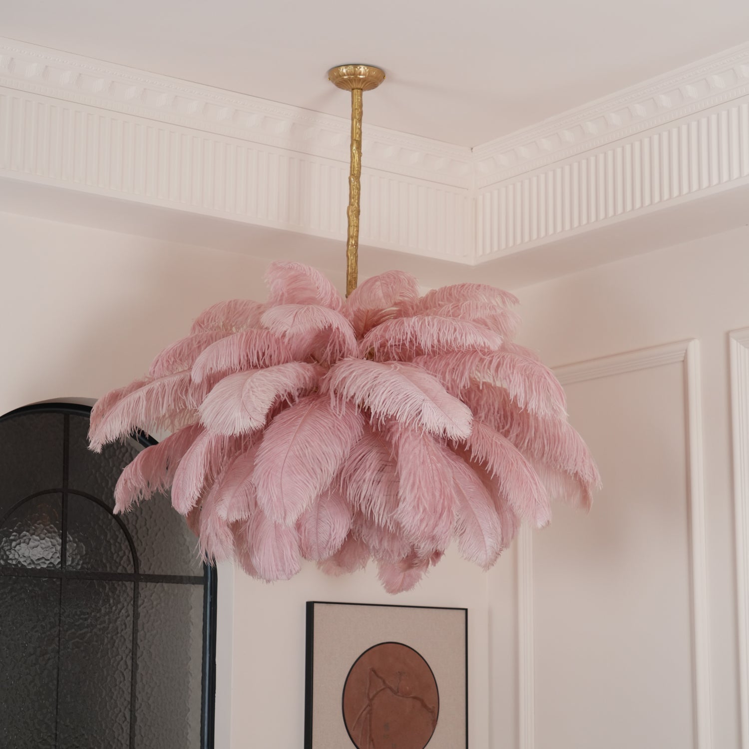 Natural Ostrich Feather Gasolier Chandelier with Polished Brass Frame for Luxury Interiors