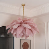 Natural Ostrich Feather Gasolier Chandelier with Polished Brass Frame for Luxury Interiors