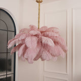 Natural Ostrich Feather Gasolier Chandelier with Polished Brass Frame for Luxury Interiors