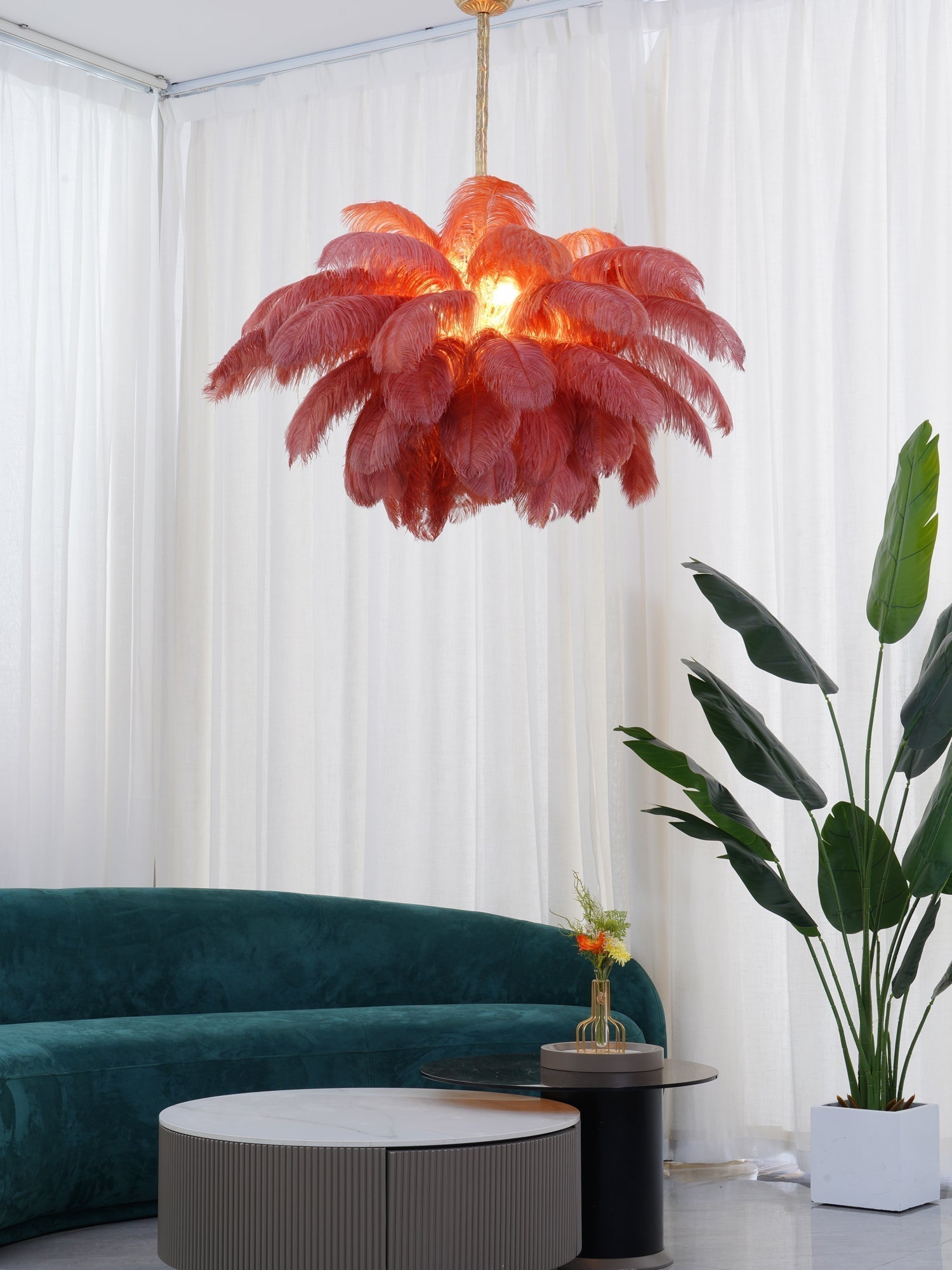 Natural Ostrich Feather Gasolier Chandelier with Polished Brass Frame for Luxury Interiors