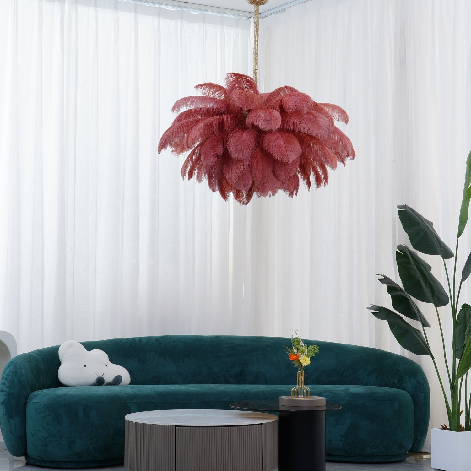 Natural Ostrich Feather Gasolier Chandelier with Polished Brass Frame for Luxury Interiors