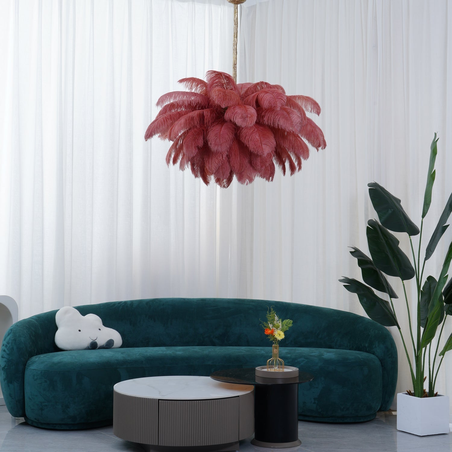 Natural Ostrich Feather Gasolier Chandelier with Polished Brass Frame for Luxury Interiors