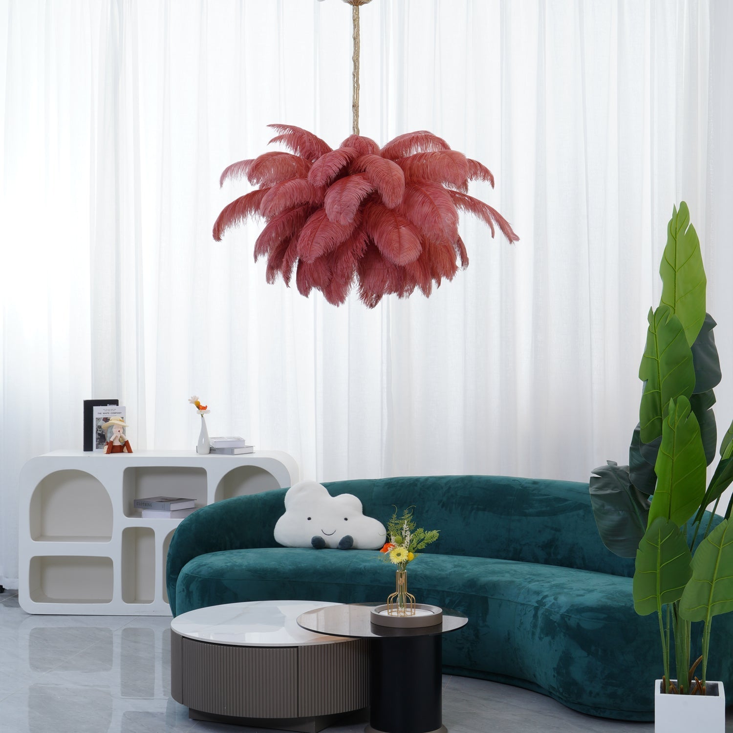 Natural Ostrich Feather Gasolier Chandelier with Polished Brass Frame for Luxury Interiors