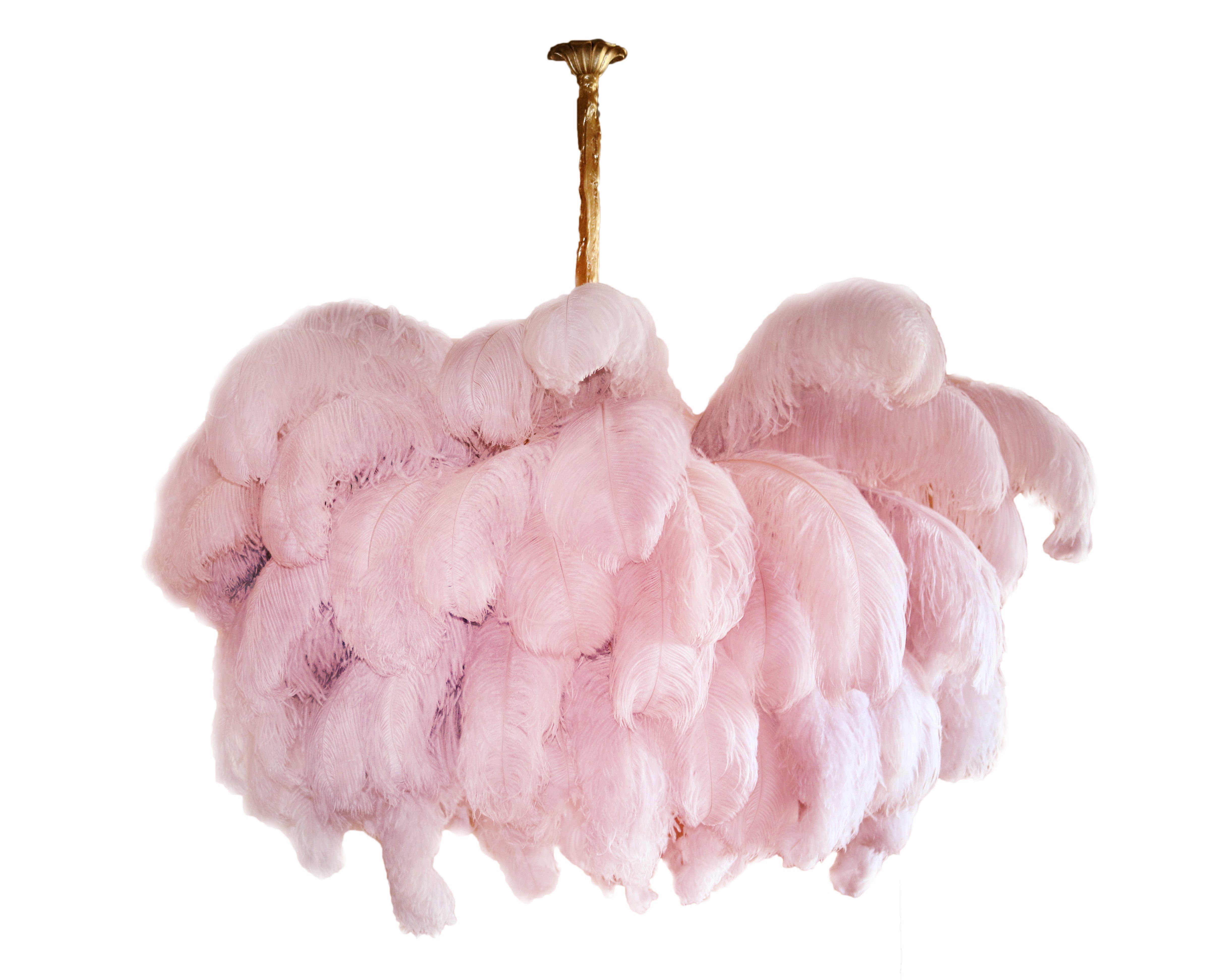 Natural Ostrich Feather Gasolier Chandelier with Polished Brass Frame for Luxury Interiors