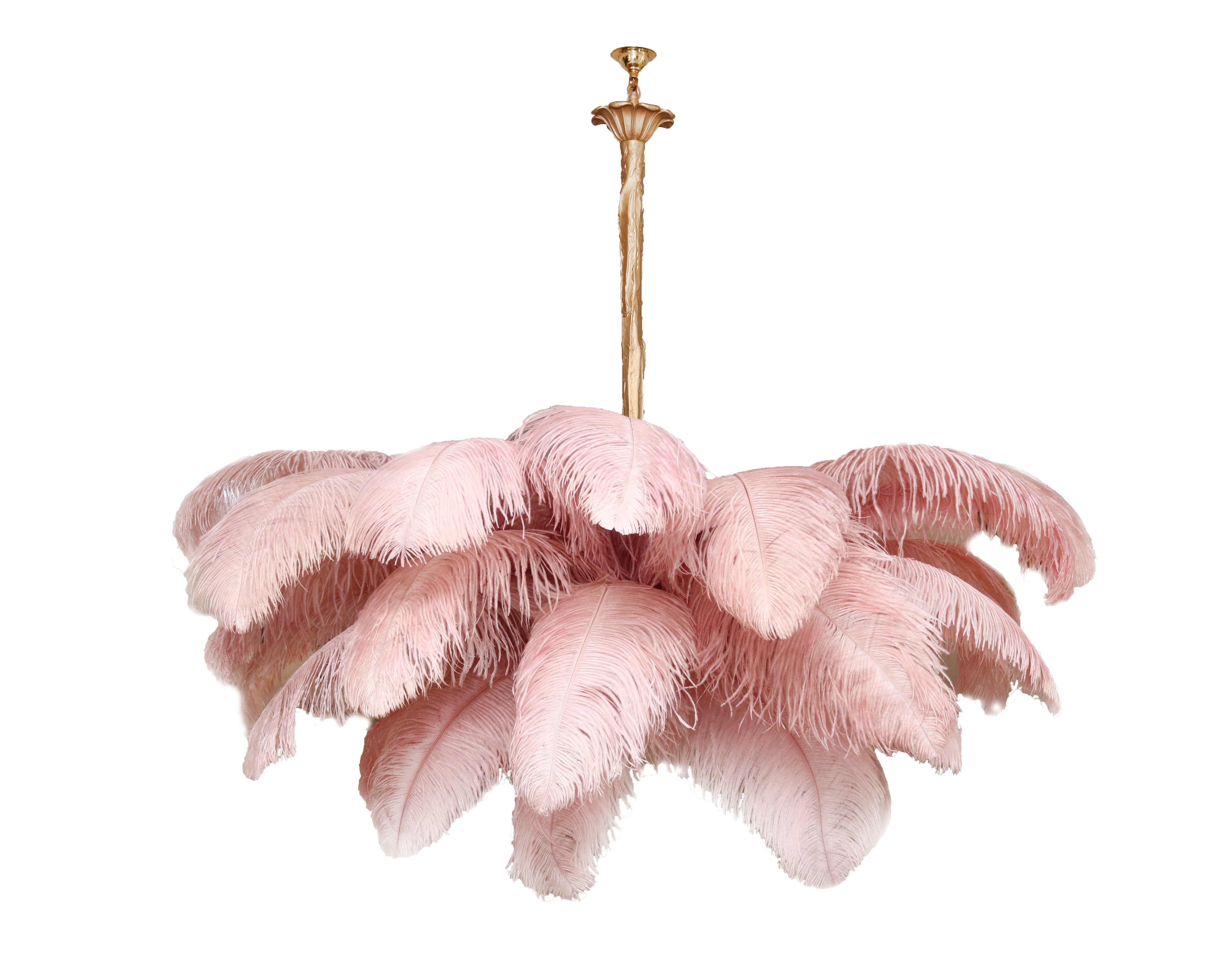 Natural Ostrich Feather Gasolier Chandelier with Polished Brass Frame for Luxury Interiors