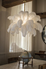 Natural Ostrich Feather Gasolier Chandelier with Polished Brass Frame for Luxury Interiors