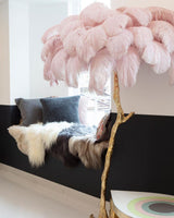 Luxurious Ostrich Feather Floor Lamp with Polished Brass Base Elegant Gold Standing Light for Living Room