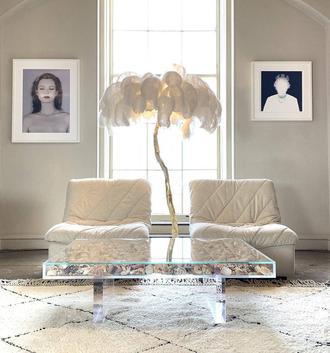 Luxurious Ostrich Feather Floor Lamp with Polished Brass Base Elegant Gold Standing Light for Living Room