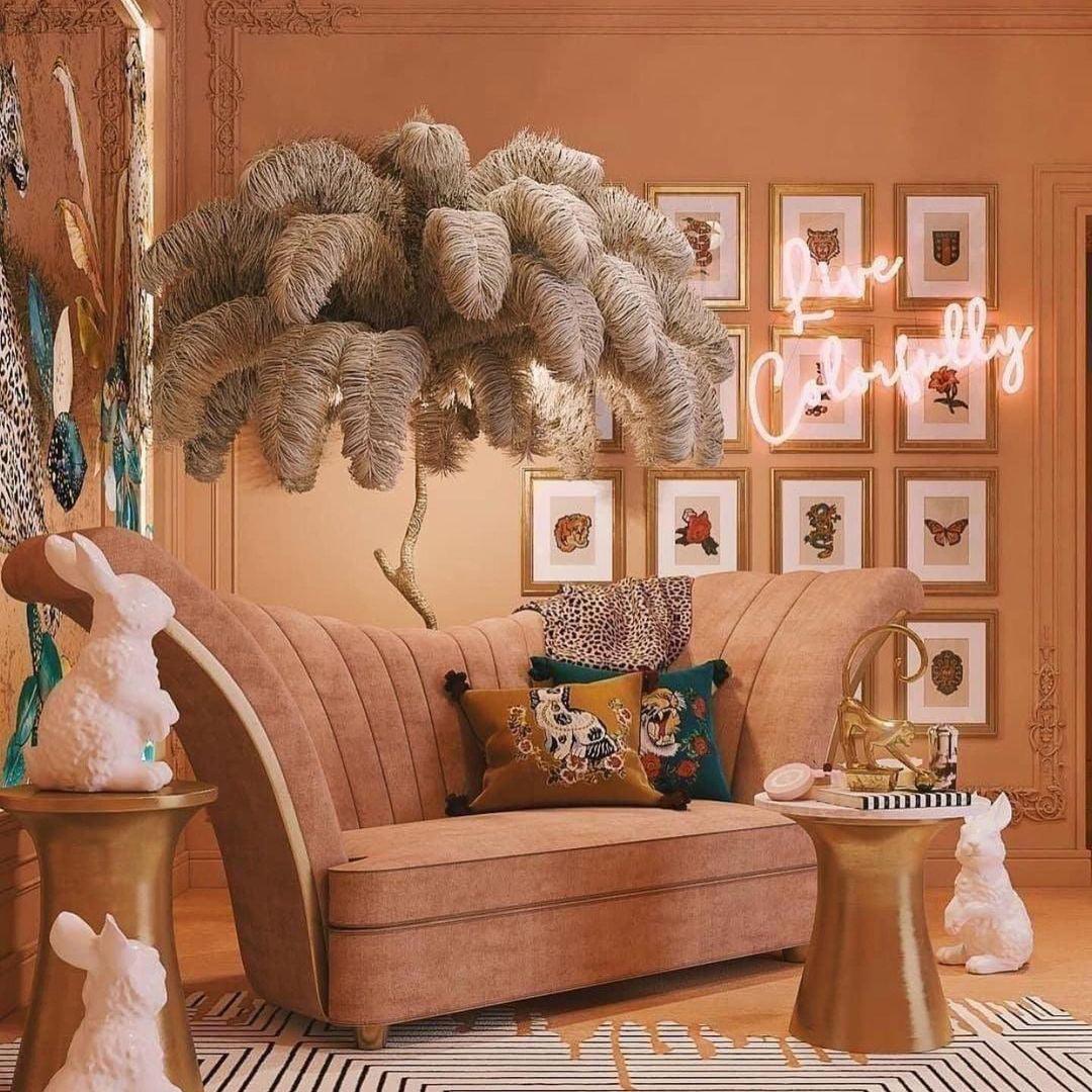 Luxurious Ostrich Feather Floor Lamp with Polished Brass Base Elegant Gold Standing Light for Living Room