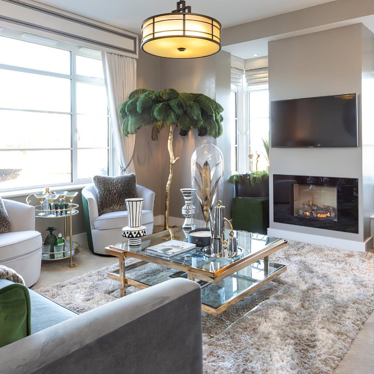 Luxurious Ostrich Feather Floor Lamp with Polished Brass Base Elegant Gold Standing Light for Living Room