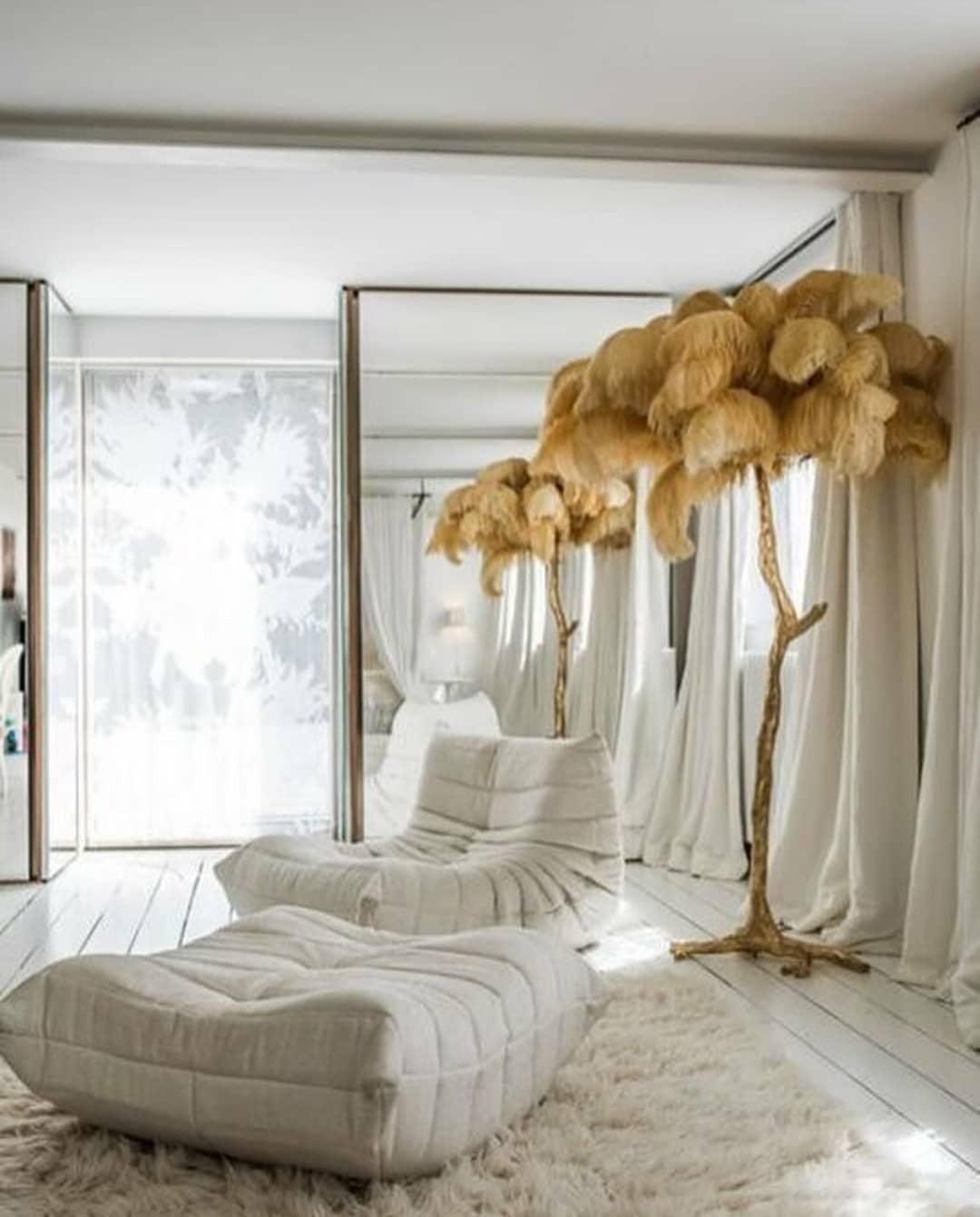 Luxurious Ostrich Feather Floor Lamp with Polished Brass Base Elegant Gold Standing Light for Living Room