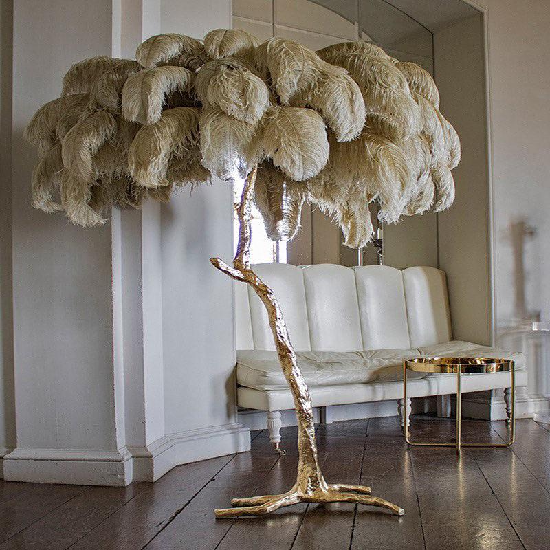 Luxurious Ostrich Feather Floor Lamp with Polished Brass Base Elegant Gold Standing Light for Living Room