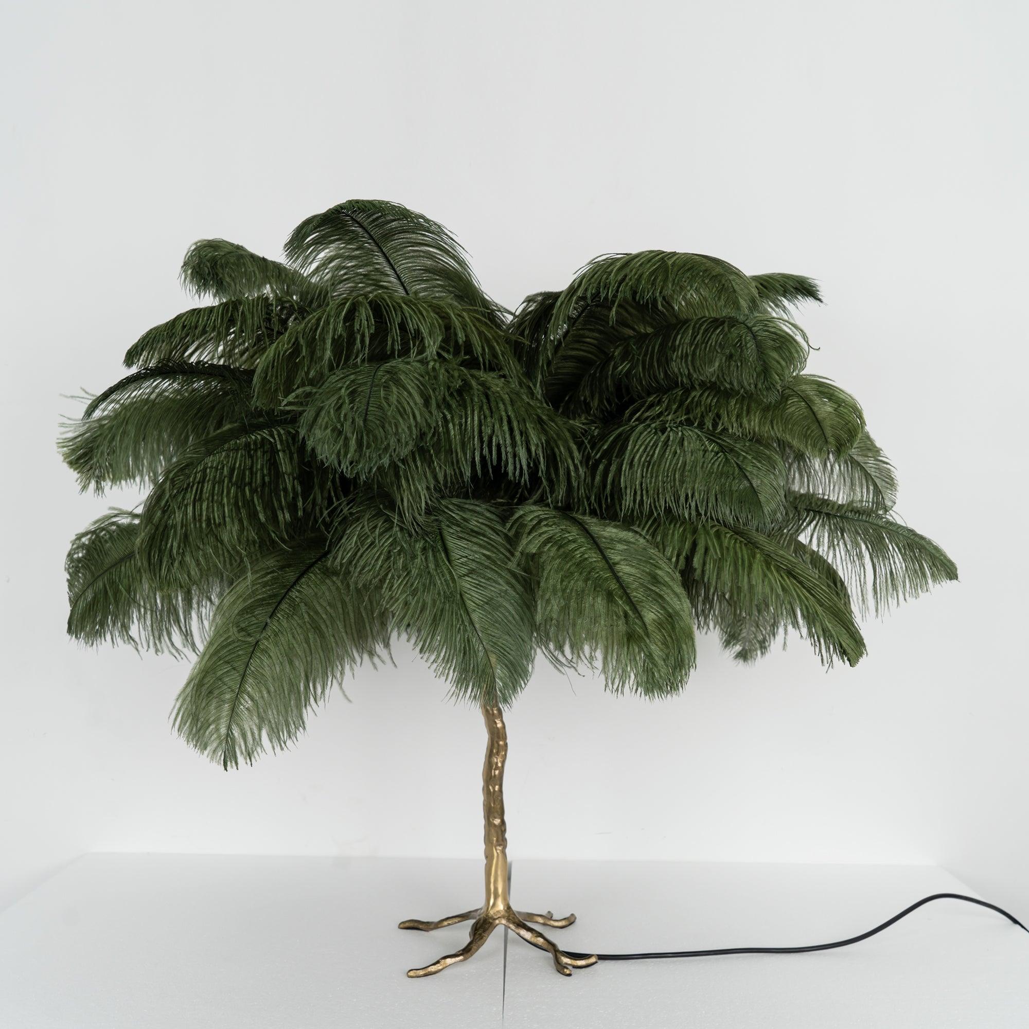 Luxury Ostrich Feather Palm Tree Table Lamp with Brass Base and Portable Design