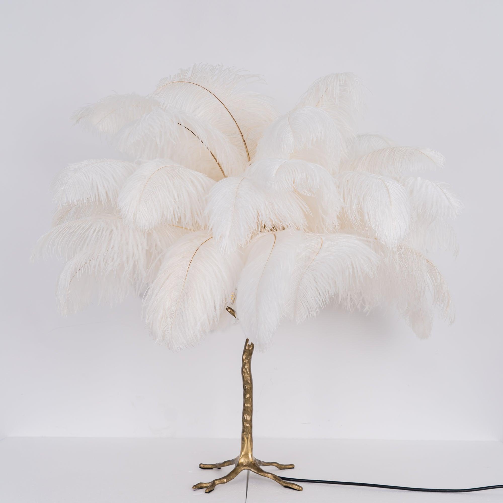 Luxury Ostrich Feather Palm Tree Table Lamp with Brass Base and Portable Design