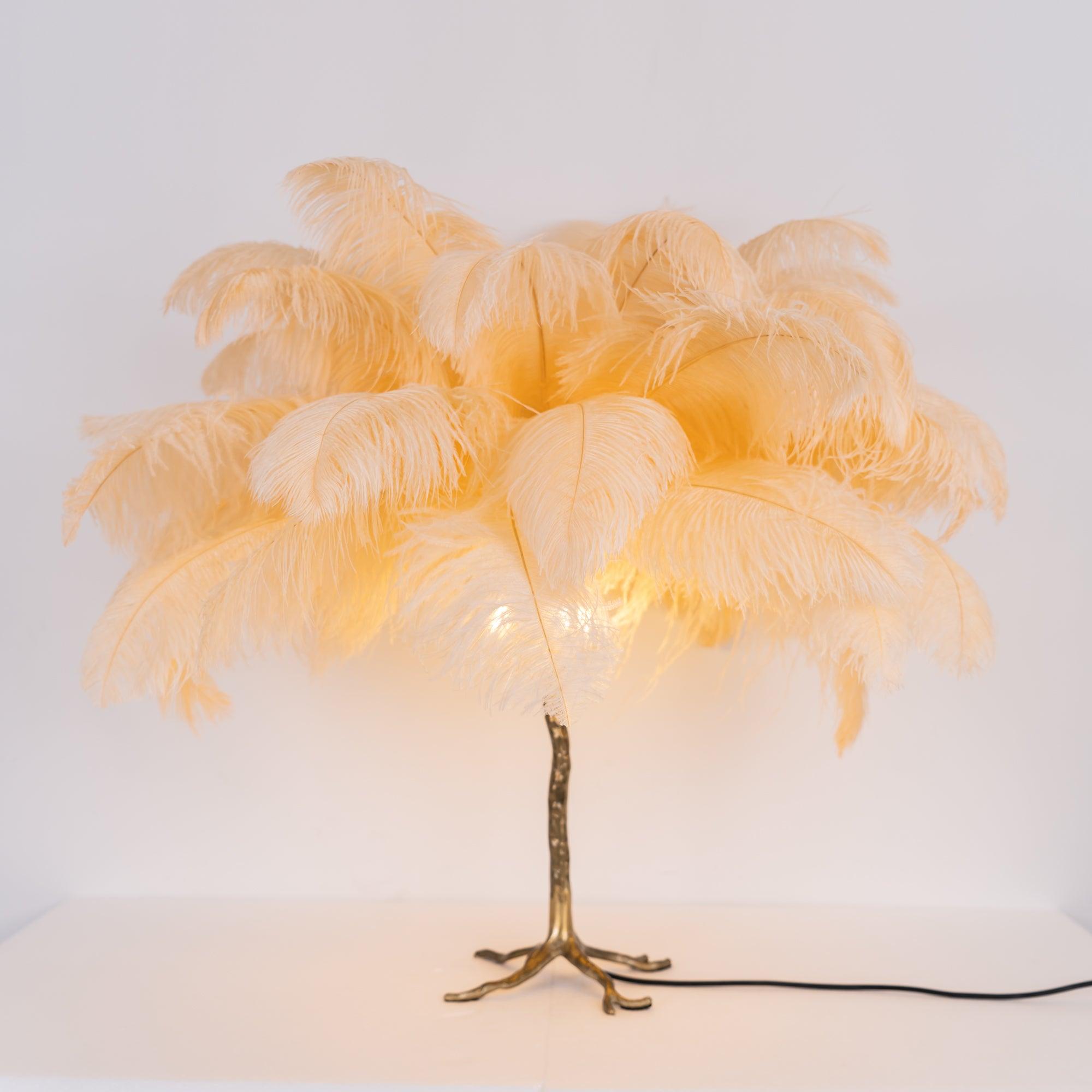 Luxury Ostrich Feather Palm Tree Table Lamp with Brass Base and Portable Design