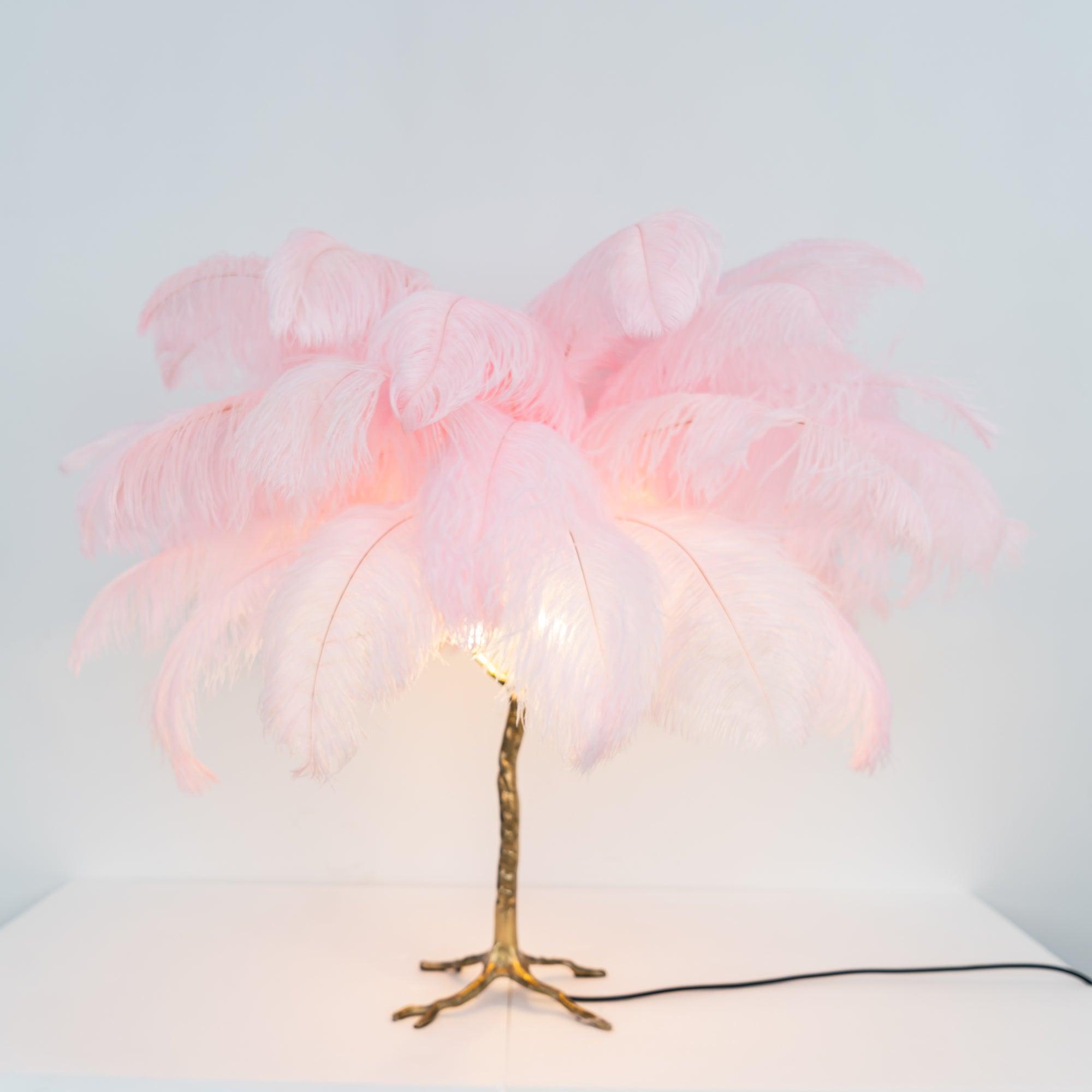 Luxury Ostrich Feather Palm Tree Table Lamp with Brass Base and Portable Design