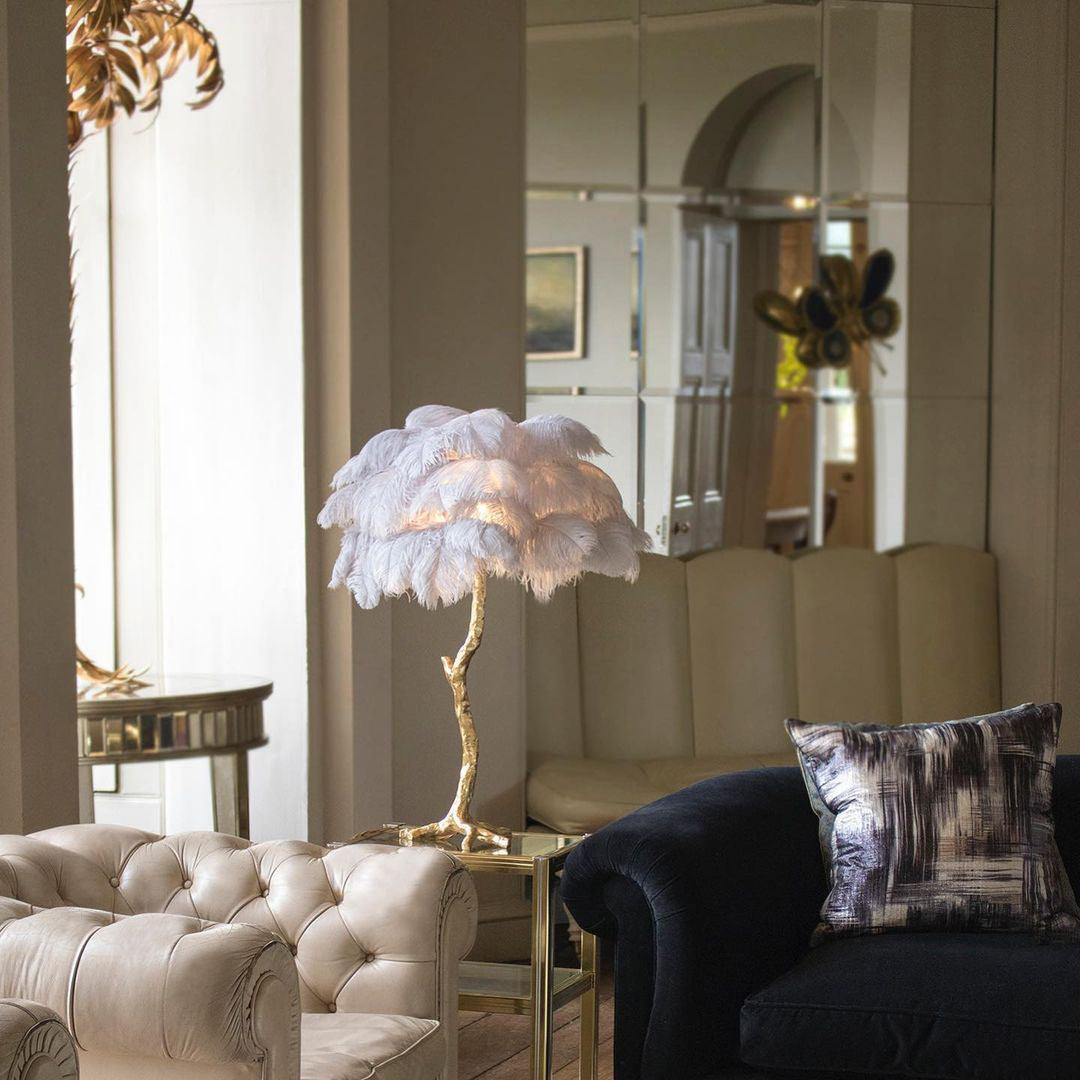 Luxury Ostrich Feather Palm Tree Table Lamp with Brass Base and Portable Design