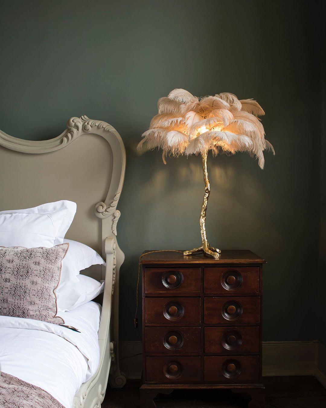 Luxury Ostrich Feather Palm Tree Table Lamp with Brass Base and Portable Design