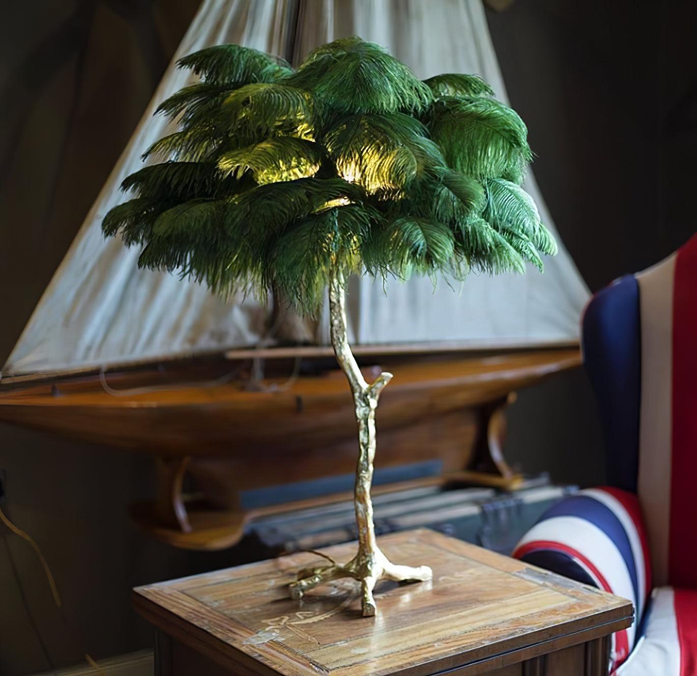 Luxury Ostrich Feather Palm Tree Table Lamp with Brass Base and Portable Design