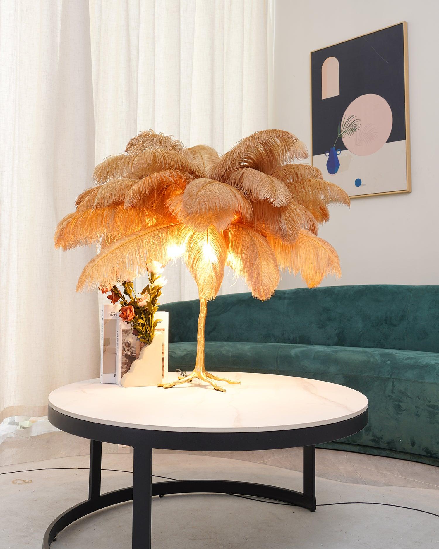 Luxury Ostrich Feather Palm Tree Table Lamp with Brass Base and Portable Design