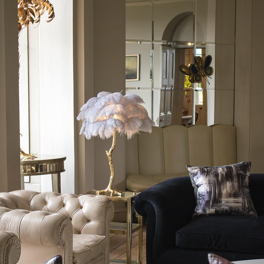 Luxury Ostrich Feather Palm Tree Table Lamp with Brass Base and Portable Design