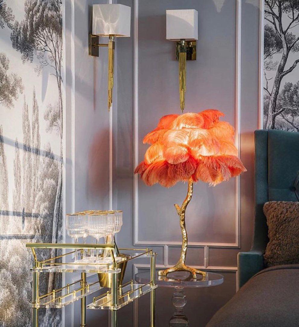 Luxury Ostrich Feather Palm Tree Table Lamp with Brass Base and Portable Design