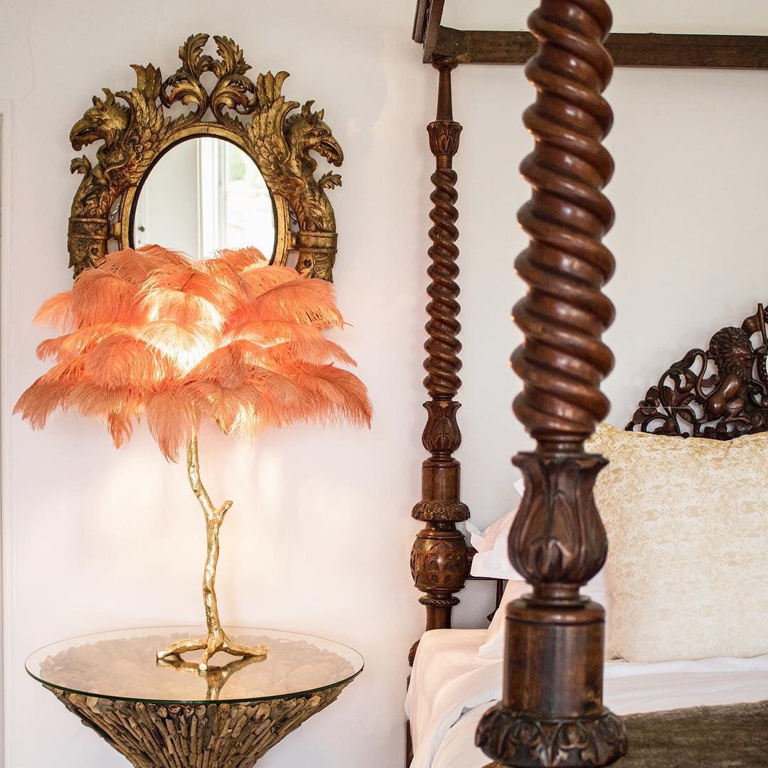 Luxury Ostrich Feather Palm Tree Table Lamp with Brass Base and Portable Design