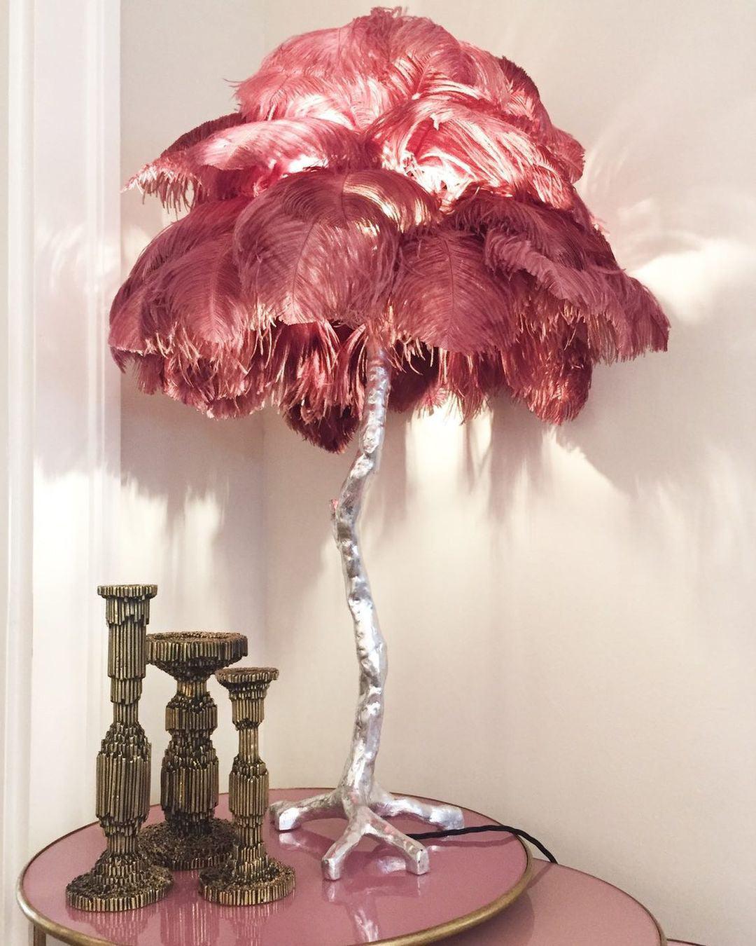 Luxury Ostrich Feather Palm Tree Table Lamp with Brass Base and Portable Design