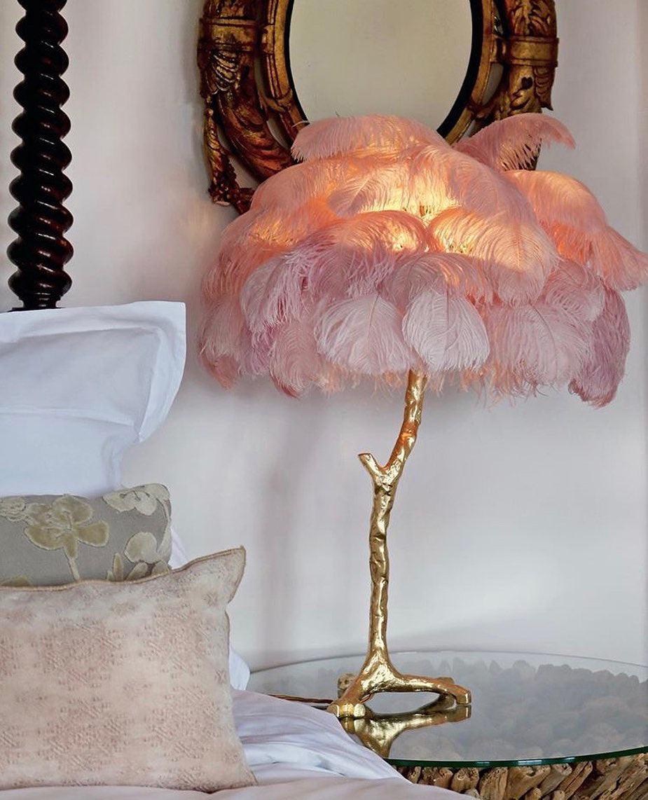 Luxury Ostrich Feather Palm Tree Table Lamp with Brass Base and Portable Design
