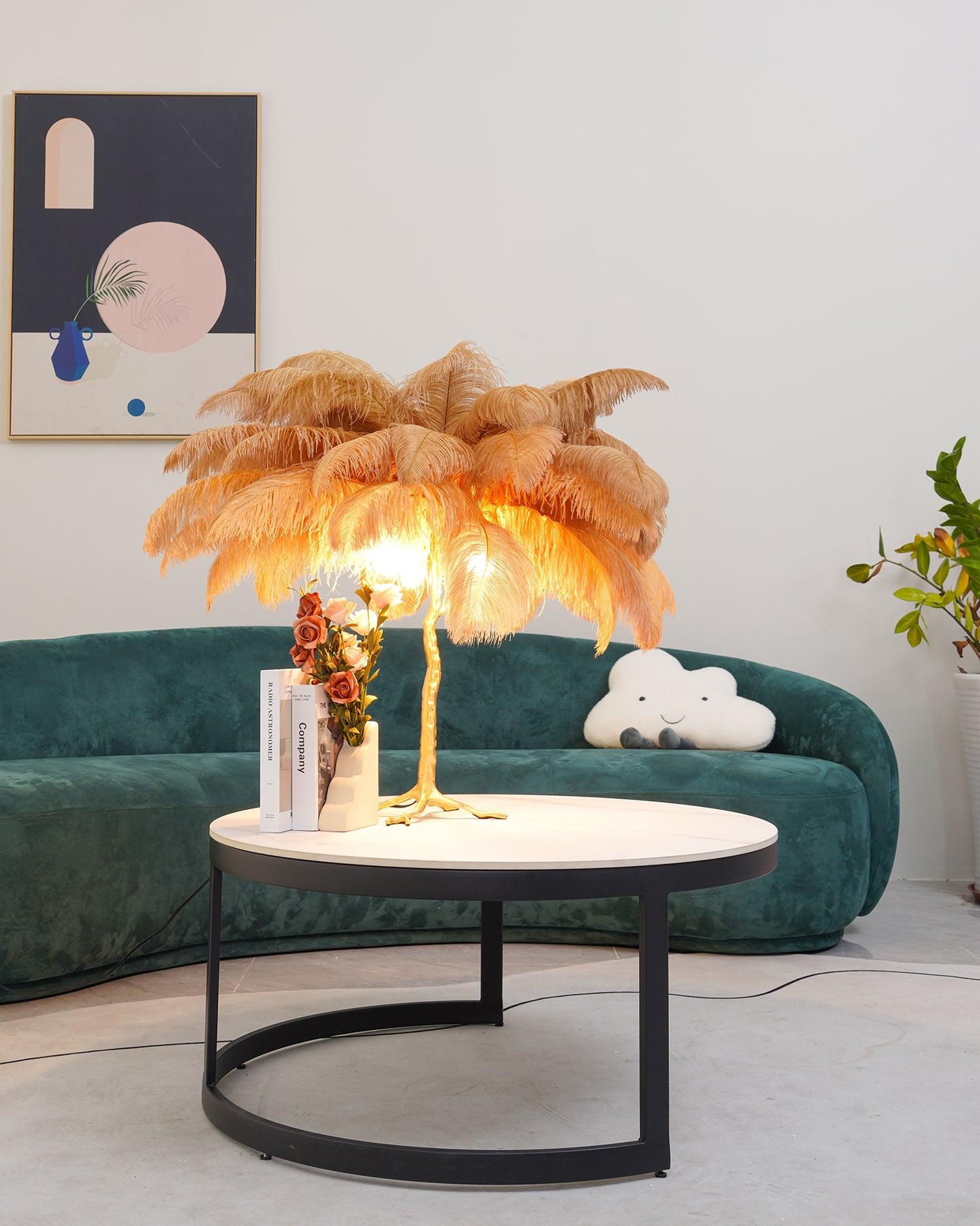 Luxury Ostrich Feather Palm Tree Table Lamp with Brass Base and Portable Design