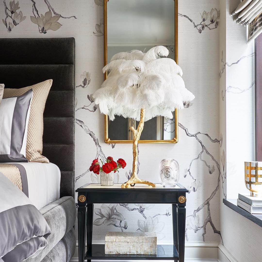 Luxury Ostrich Feather Palm Tree Table Lamp with Brass Base and Portable Design