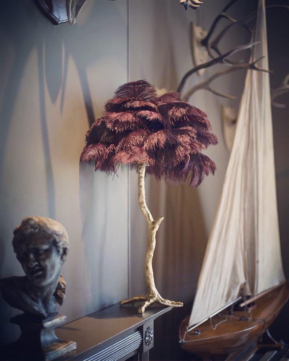 Luxury Ostrich Feather Palm Tree Table Lamp with Brass Base and Portable Design