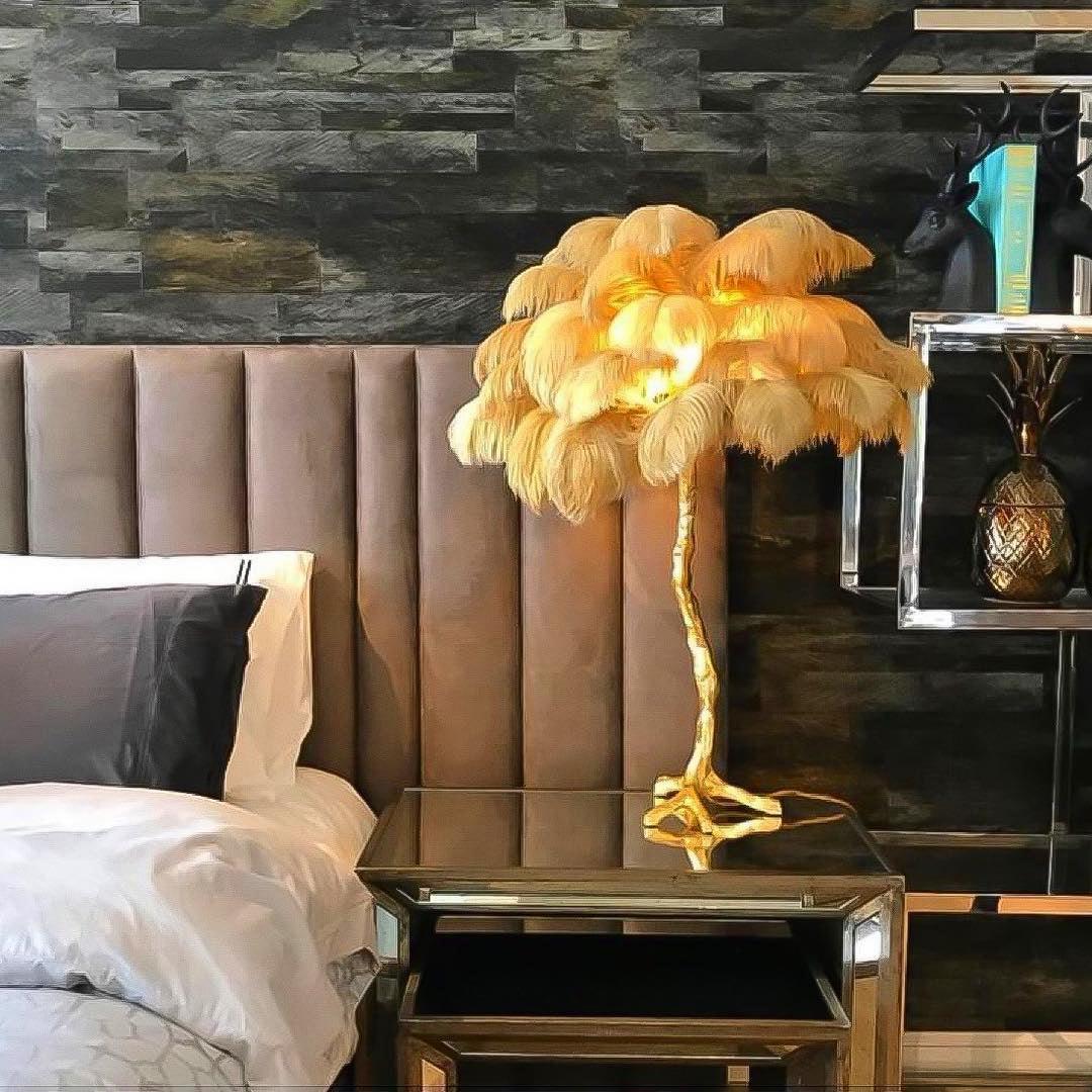 Luxury Ostrich Feather Palm Tree Table Lamp with Brass Base and Portable Design