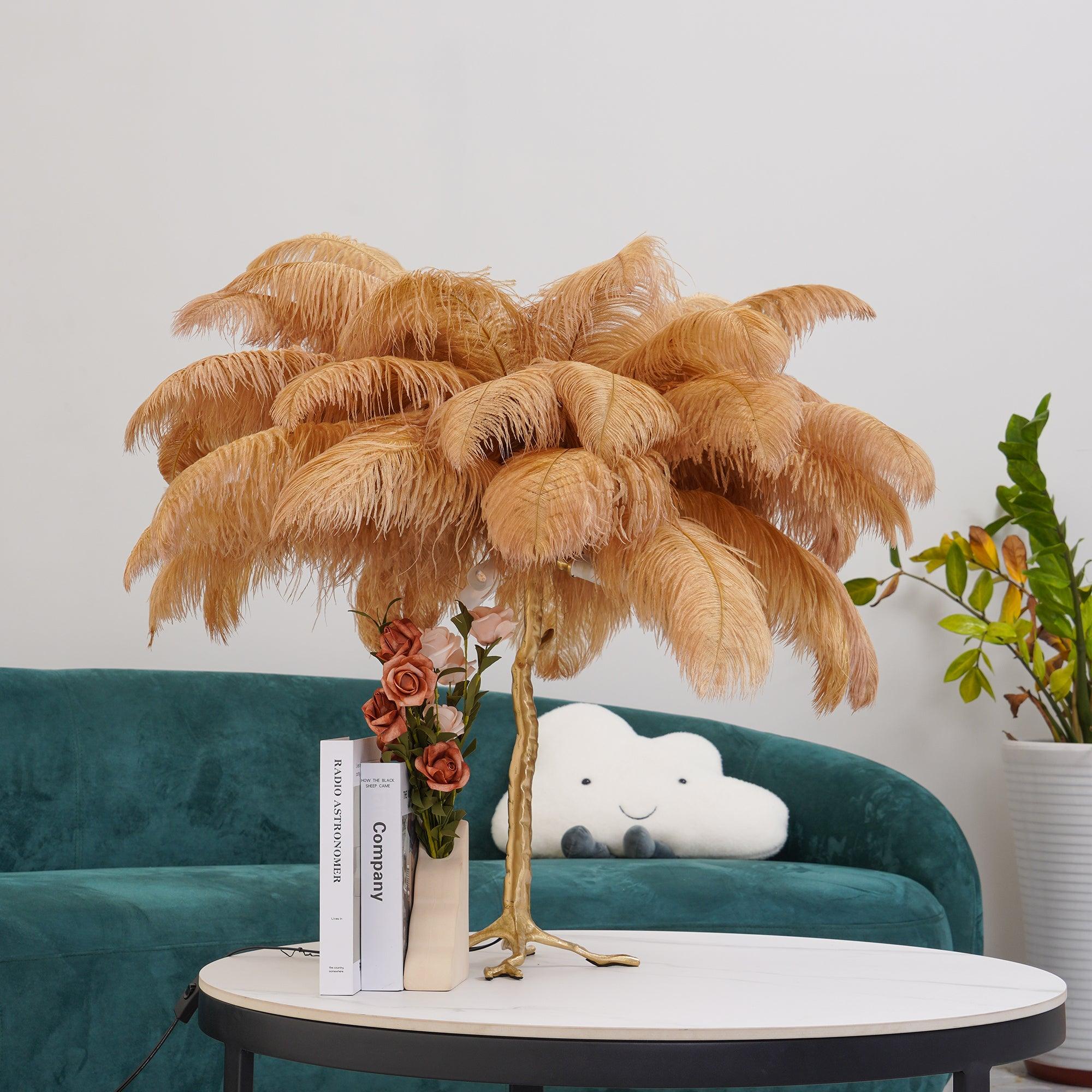 Luxury Ostrich Feather Palm Tree Table Lamp with Brass Base and Portable Design