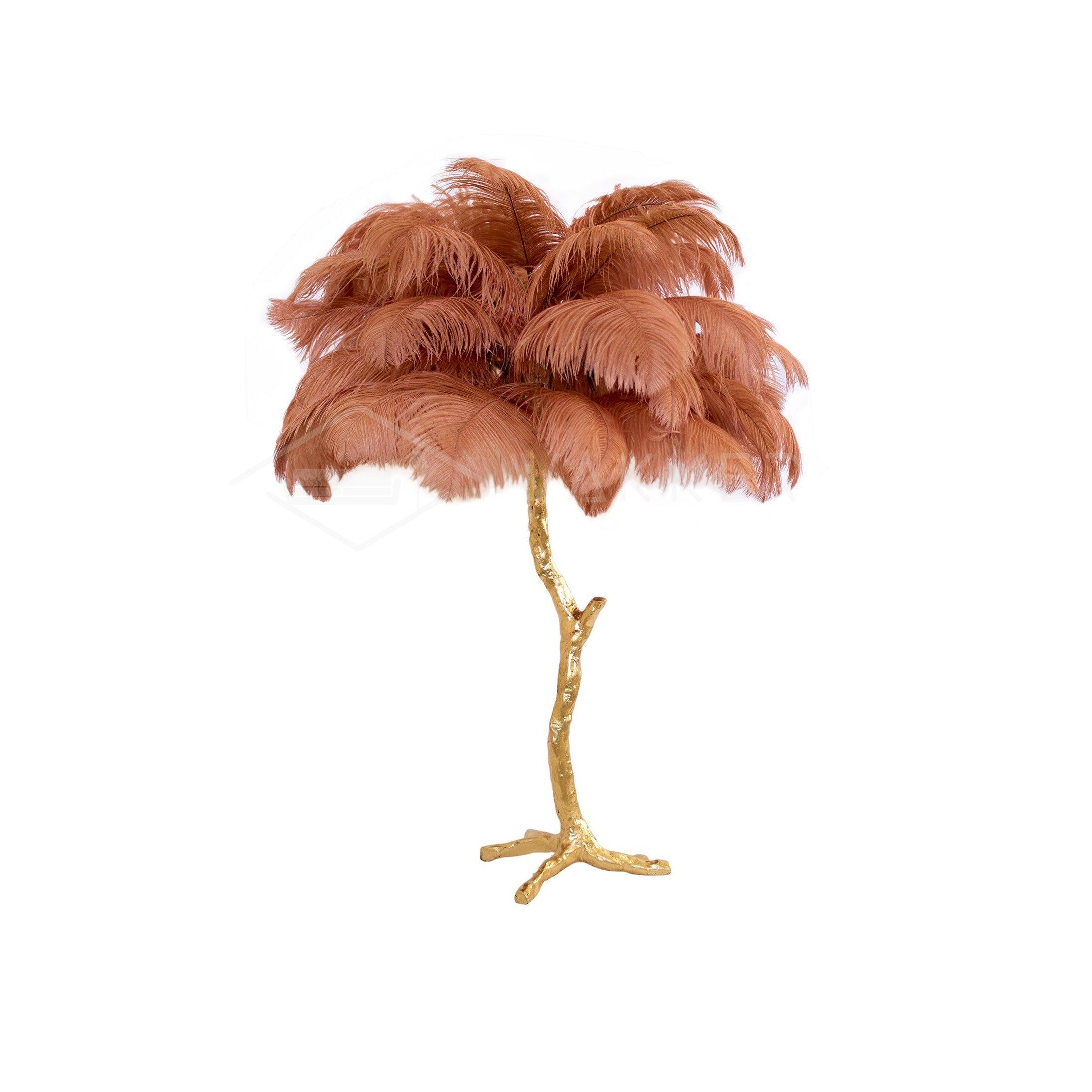 Luxury Ostrich Feather Palm Tree Table Lamp with Brass Base and Portable Design
