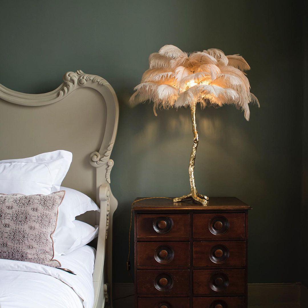 Luxury Ostrich Feather Palm Tree Table Lamp with Brass Base and Portable Design