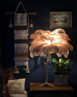 Luxury Ostrich Feather Palm Tree Table Lamp with Brass Base and Portable Design